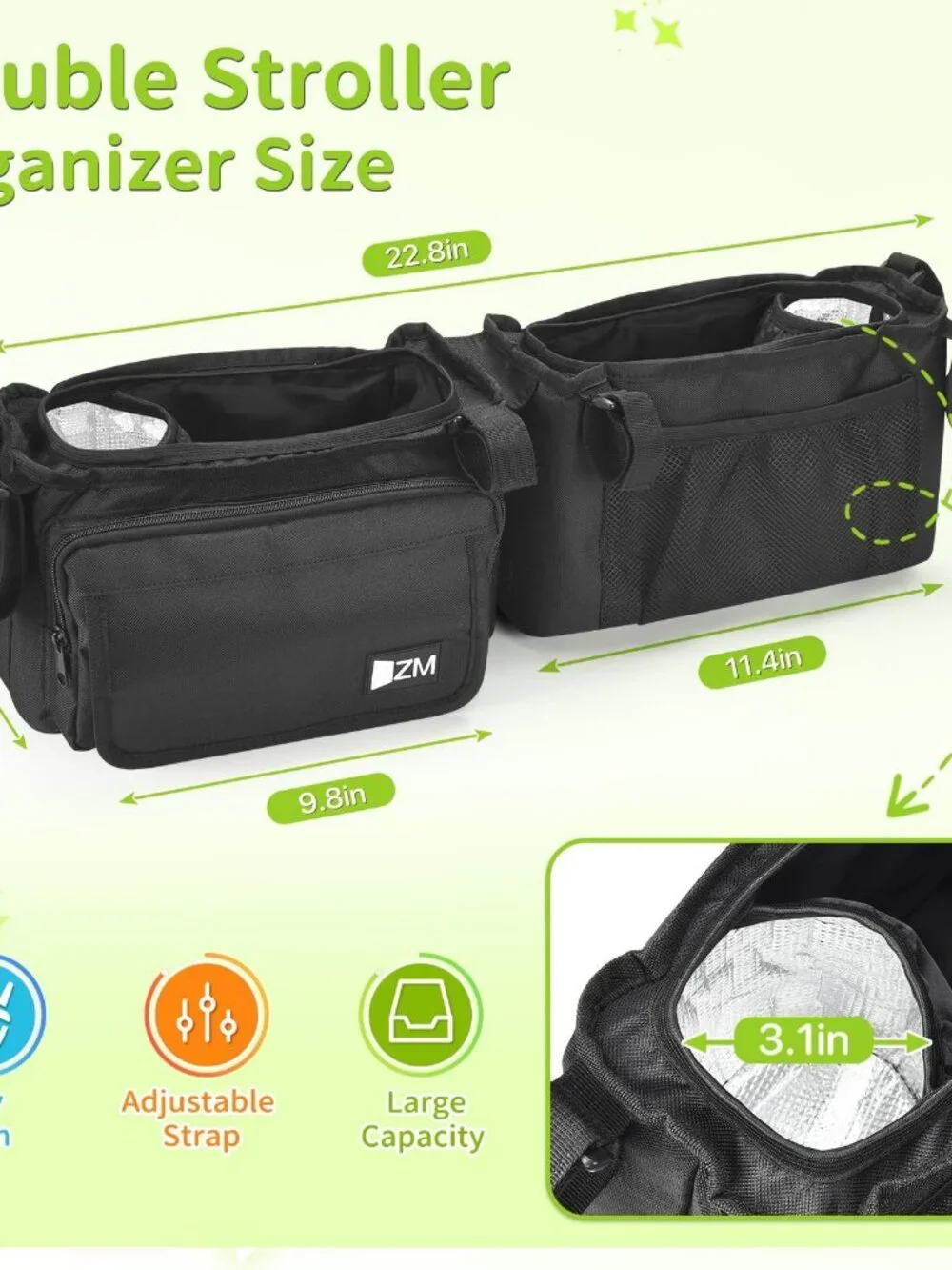 Black Double Stroller Organizer Compatible with 26-31 Inch Handlebar